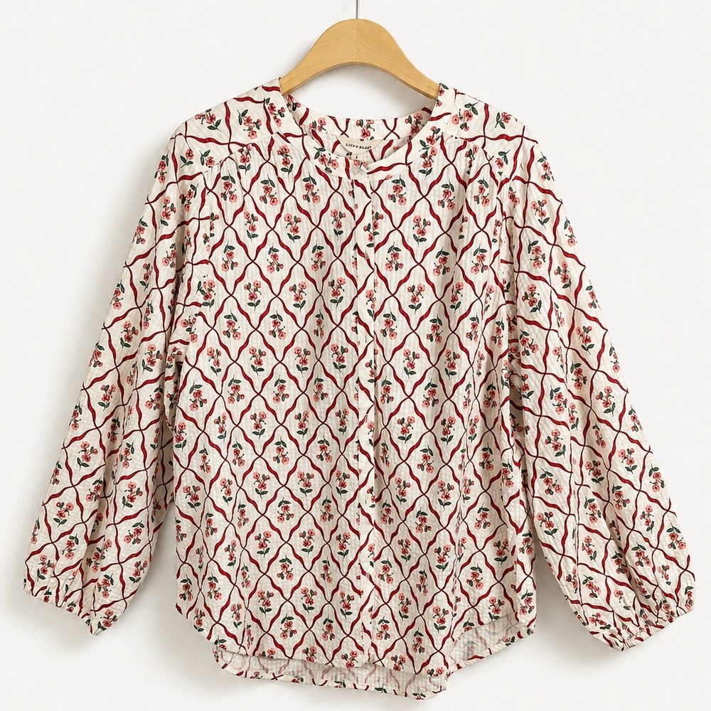 Lucky Brand Boho Quilted Floral Peasant Button Blouse Women L Cream CotttageCore - Picture 2 of 11